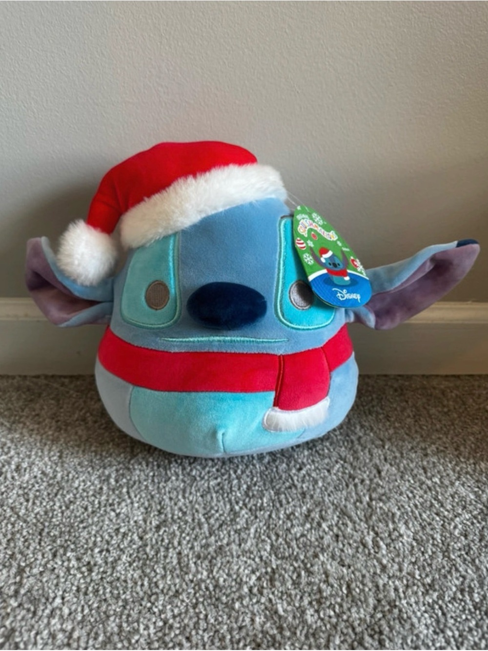 Squishmallows Disney Stitch Blue Plush with Red Santa Hat and Scarf